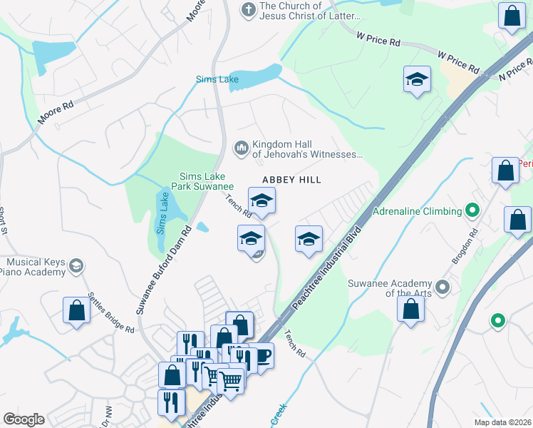 map of restaurants, bars, coffee shops, grocery stores, and more near 190 Abbey Hill Road in Suwanee