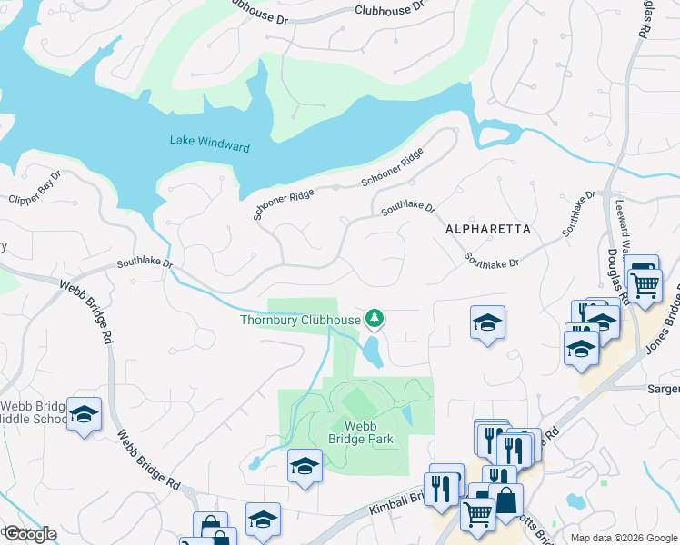 map of restaurants, bars, coffee shops, grocery stores, and more near 2715 Lakewind Court in Alpharetta