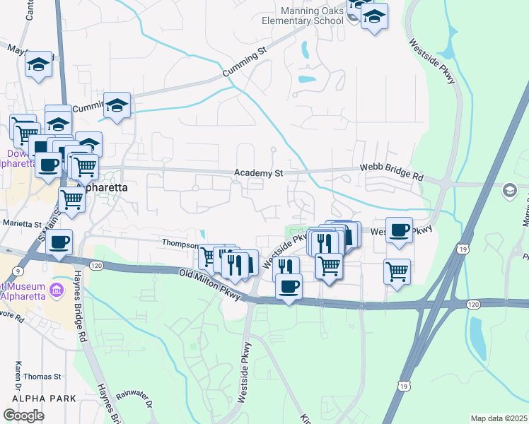 map of restaurants, bars, coffee shops, grocery stores, and more near 11715 Dancliff Trce in Alpharetta