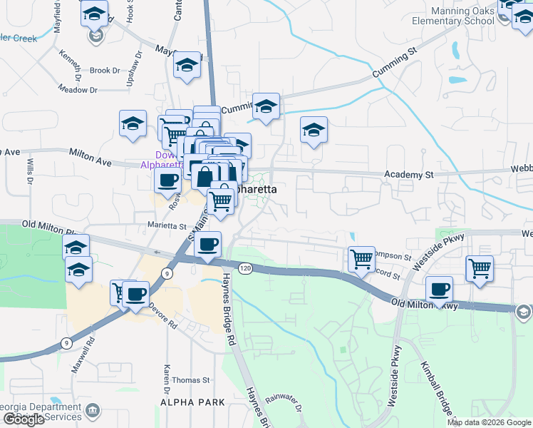 map of restaurants, bars, coffee shops, grocery stores, and more near 11925 Haynes Bridge Road in Alpharetta