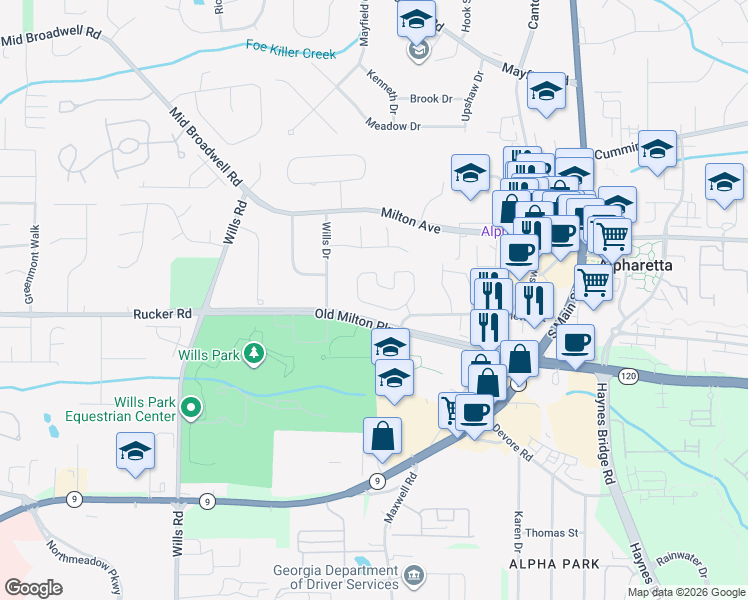 map of restaurants, bars, coffee shops, grocery stores, and more near 2001 Willshire Glen in Alpharetta