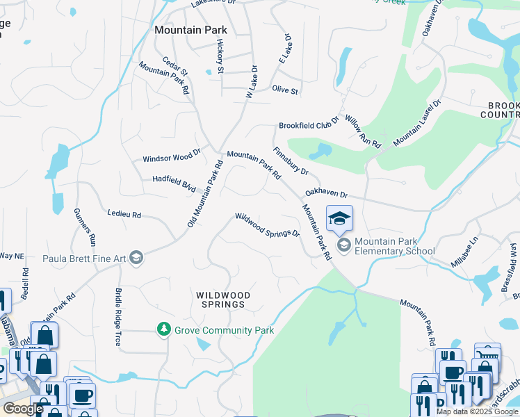 map of restaurants, bars, coffee shops, grocery stores, and more near 420 Windswept Court in Roswell
