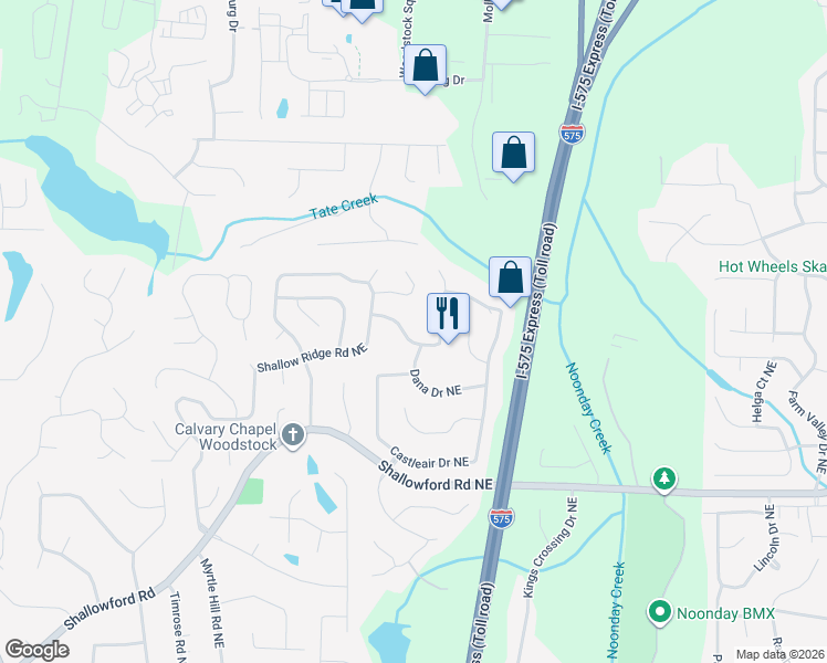 map of restaurants, bars, coffee shops, grocery stores, and more near 203 Shalloway Drive Northeast in Kennesaw