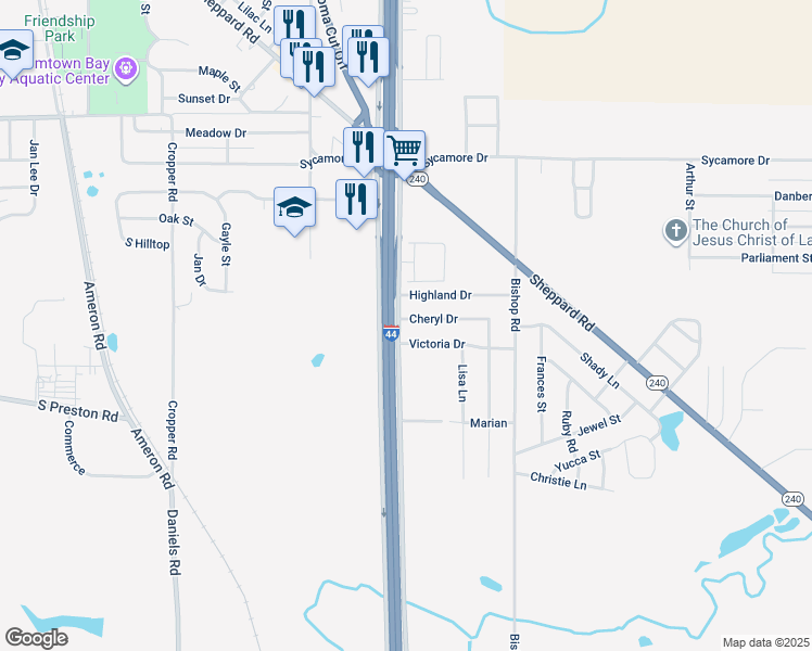 map of restaurants, bars, coffee shops, grocery stores, and more near 136 Highland Drive in Burkburnett