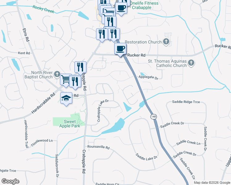 map of restaurants, bars, coffee shops, grocery stores, and more near 5025 Baywood Drive in Roswell