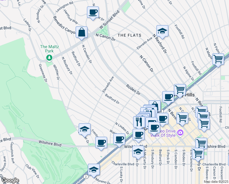 map of restaurants, bars, coffee shops, grocery stores, and more near 617 North Camden Drive in Beverly Hills