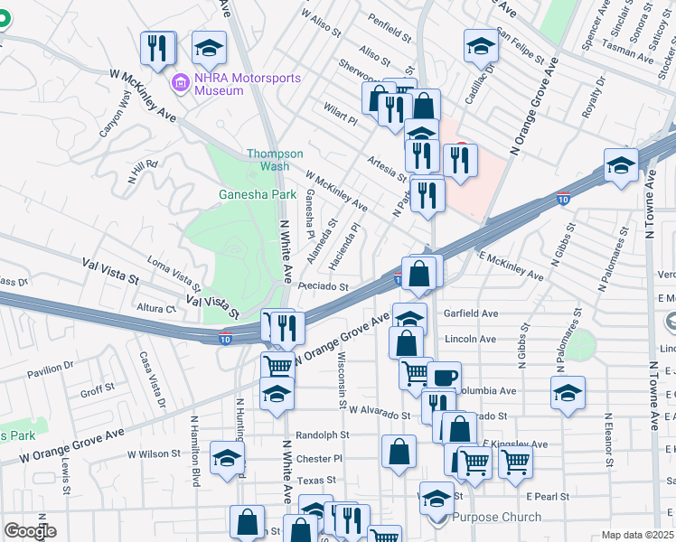 map of restaurants, bars, coffee shops, grocery stores, and more near 1450 Hacienda Place in Pomona