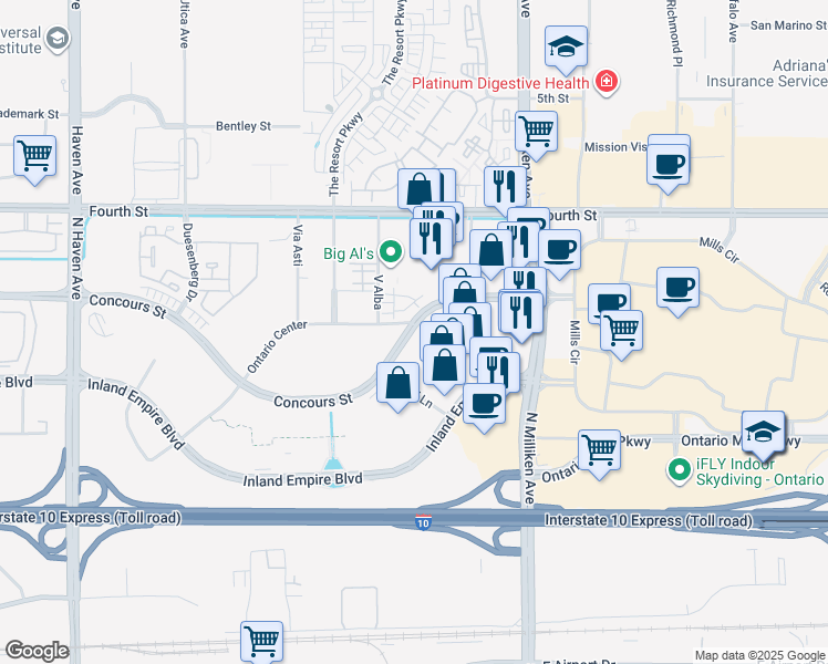 map of restaurants, bars, coffee shops, grocery stores, and more near 4152 Concours Street in Ontario