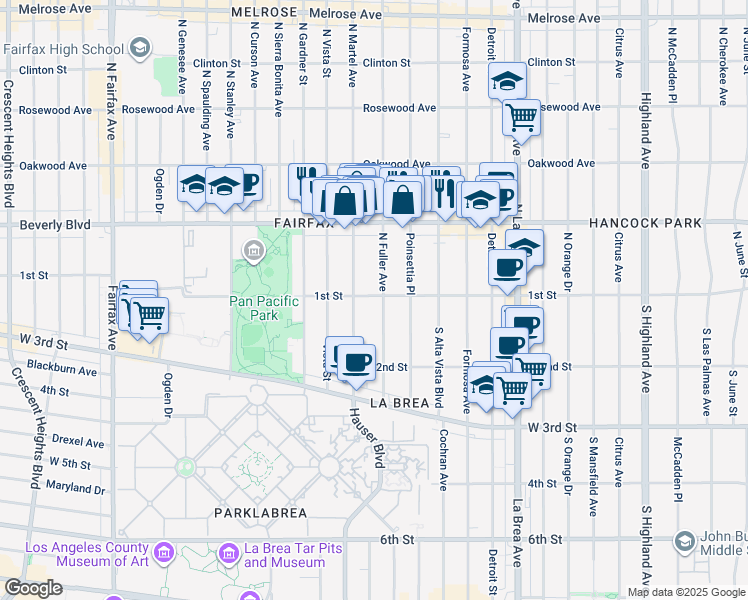 map of restaurants, bars, coffee shops, grocery stores, and more near 101 South Fuller Avenue in Los Angeles