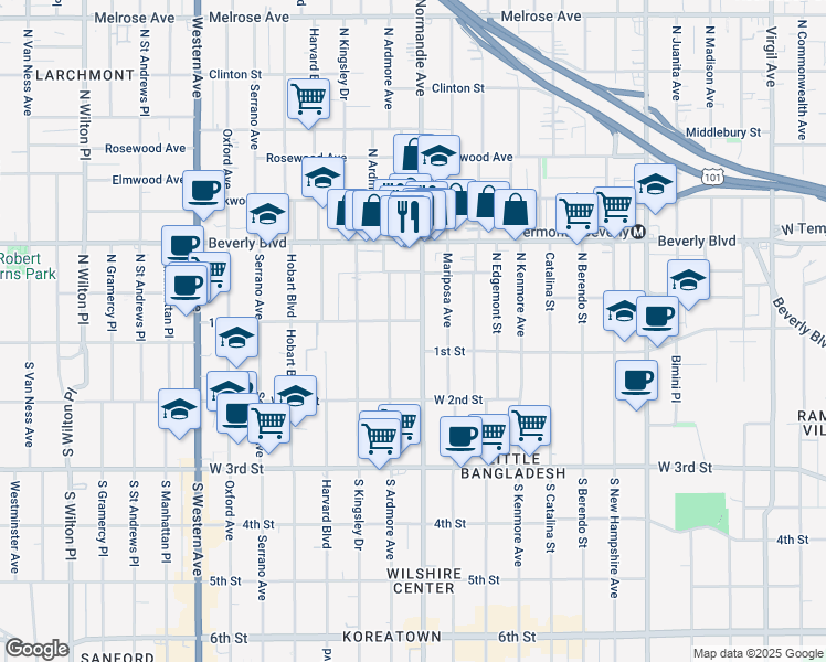 map of restaurants, bars, coffee shops, grocery stores, and more near 109 South Normandie Avenue in Los Angeles