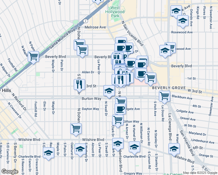 map of restaurants, bars, coffee shops, grocery stores, and more near 135 South Swall Drive in Los Angeles