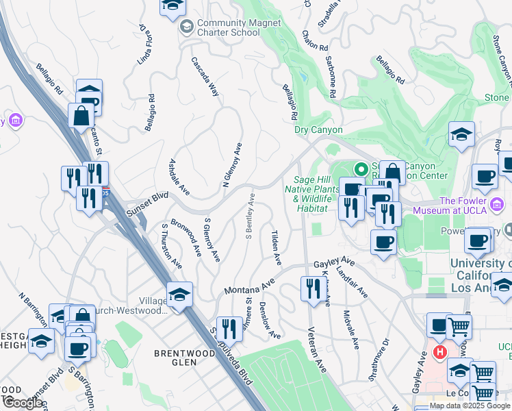 map of restaurants, bars, coffee shops, grocery stores, and more near 130 South Bentley Avenue in Los Angeles