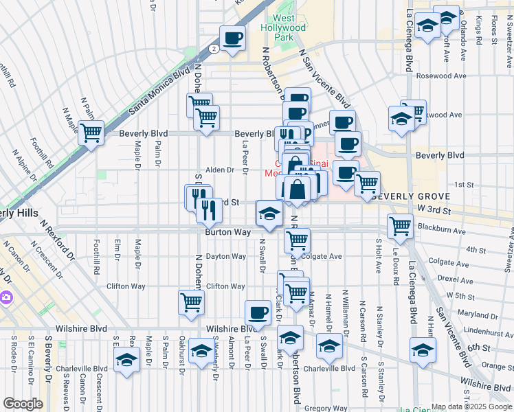 map of restaurants, bars, coffee shops, grocery stores, and more near 301 South Swall Drive in Los Angeles