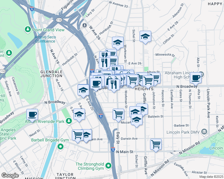 map of restaurants, bars, coffee shops, grocery stores, and more near 2411 North Broadway in Los Angeles