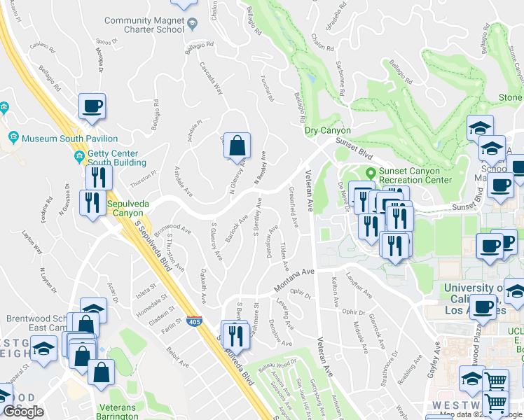 map of restaurants, bars, coffee shops, grocery stores, and more near 130 South Bentley Avenue in Los Angeles