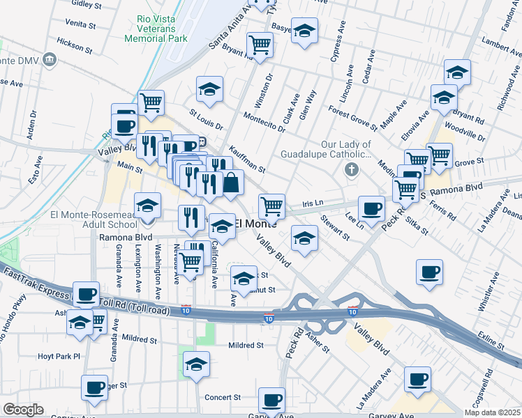 map of restaurants, bars, coffee shops, grocery stores, and more near 11115 Legion Drive in El Monte