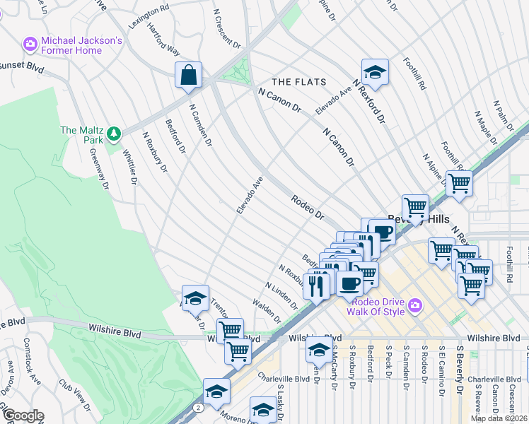 map of restaurants, bars, coffee shops, grocery stores, and more near 617 North Camden Drive in Beverly Hills