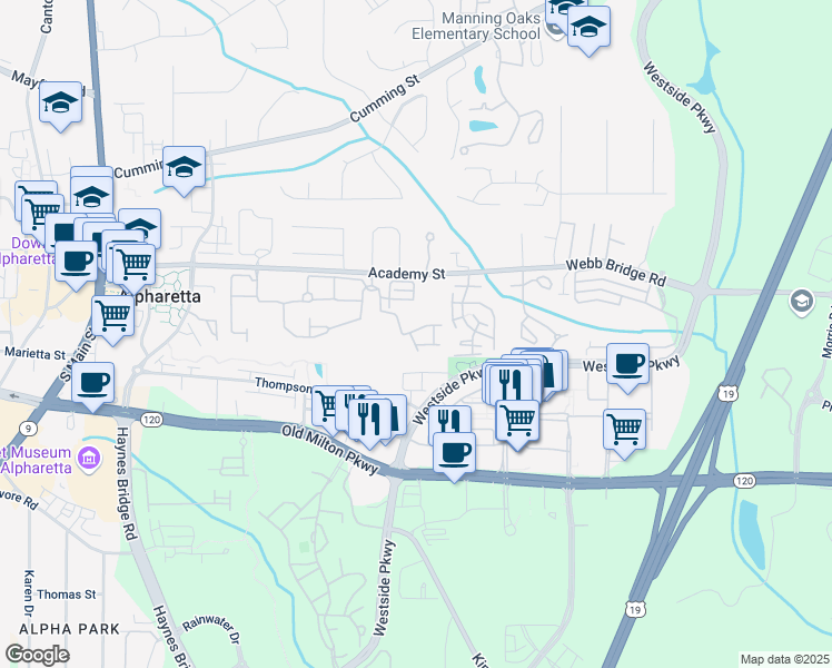 map of restaurants, bars, coffee shops, grocery stores, and more near 11715 Dancliff Trce in Alpharetta