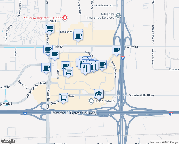 map of restaurants, bars, coffee shops, grocery stores, and more near 1 Mills Circle in Ontario