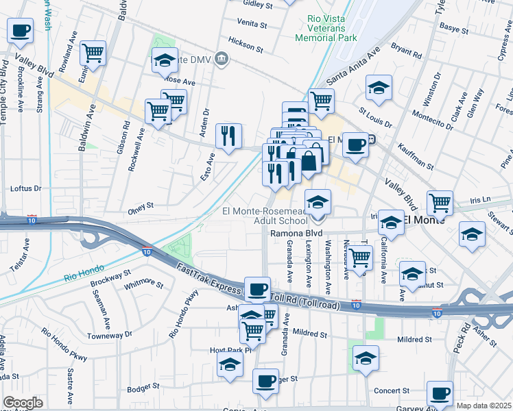 map of restaurants, bars, coffee shops, grocery stores, and more near 3545 Santa Anita Avenue in El Monte