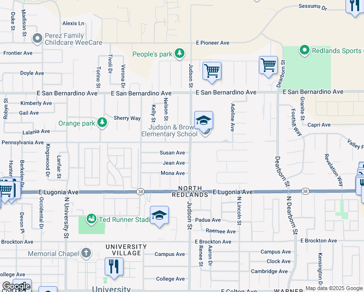 map of restaurants, bars, coffee shops, grocery stores, and more near 1364 East Pennsylvania Avenue in Redlands