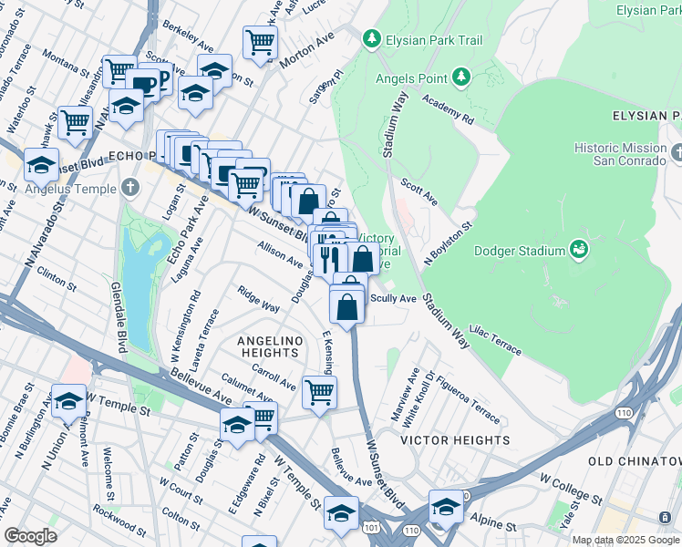 map of restaurants, bars, coffee shops, grocery stores, and more near 1309 West Lilac Terrace in Los Angeles
