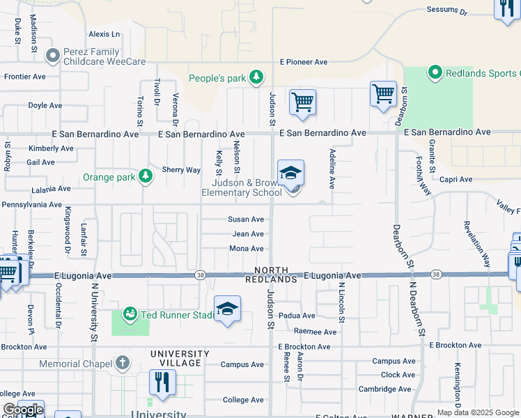 map of restaurants, bars, coffee shops, grocery stores, and more near 1364 East Pennsylvania Avenue in Redlands