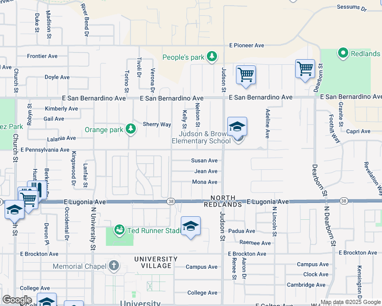 map of restaurants, bars, coffee shops, grocery stores, and more near 1328 East Pennsylvania Avenue in Redlands
