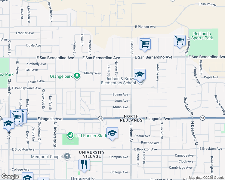 map of restaurants, bars, coffee shops, grocery stores, and more near 1329 East Pennsylvania Avenue in Redlands
