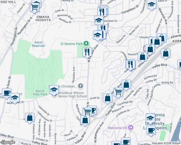map of restaurants, bars, coffee shops, grocery stores, and more near 2410 North Eastern Avenue in Los Angeles