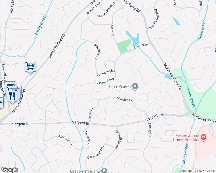 map of restaurants, bars, coffee shops, grocery stores, and more near 5785 7 Oaks Parkway in Alpharetta