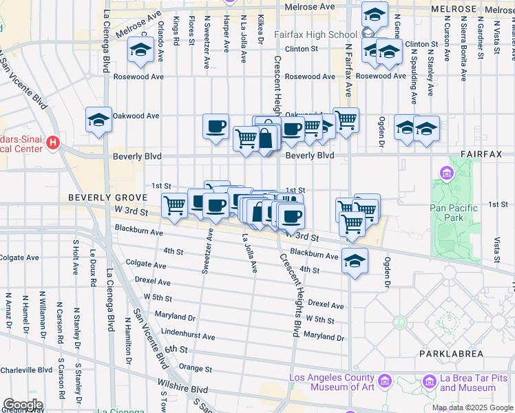 map of restaurants, bars, coffee shops, grocery stores, and more near 123 South Kilkea Drive in Los Angeles