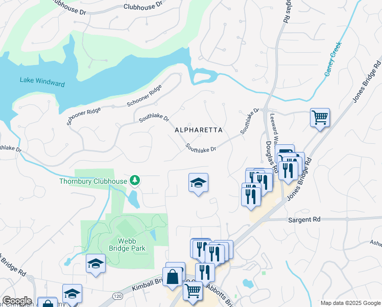 map of restaurants, bars, coffee shops, grocery stores, and more near 5190 Southlake Drive in Alpharetta