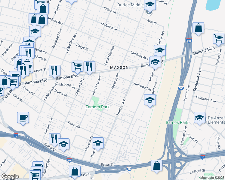 map of restaurants, bars, coffee shops, grocery stores, and more near 4002 Maxson Road in El Monte