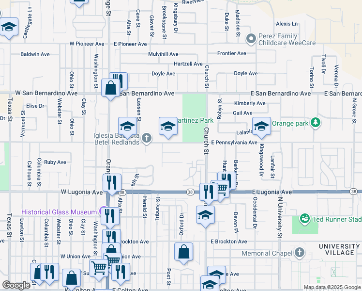 map of restaurants, bars, coffee shops, grocery stores, and more near 538 East Pennsylvania Avenue in Redlands
