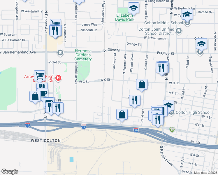map of restaurants, bars, coffee shops, grocery stores, and more near 595 North Jackson Street in Colton
