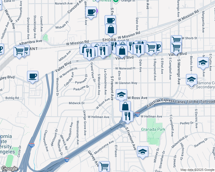 map of restaurants, bars, coffee shops, grocery stores, and more near 1704 La Golondrina Avenue in Alhambra