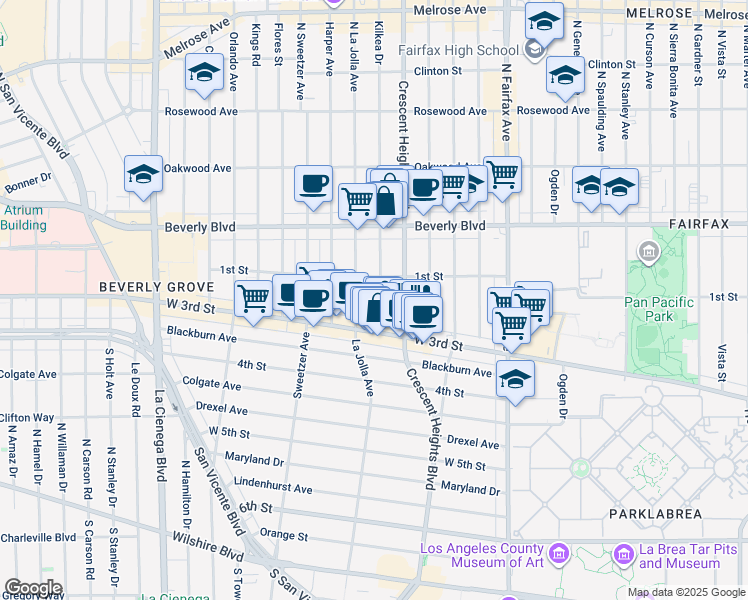 map of restaurants, bars, coffee shops, grocery stores, and more near 123 South Kilkea Drive in Los Angeles