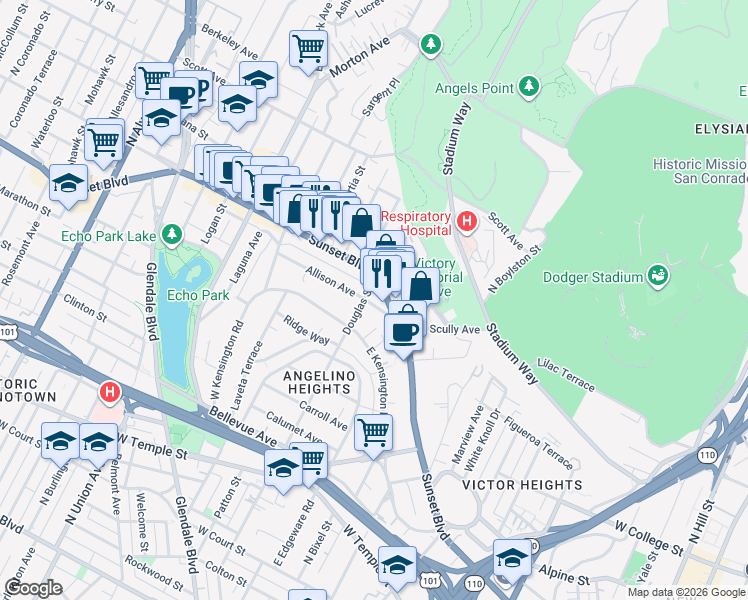 map of restaurants, bars, coffee shops, grocery stores, and more near in Los Angeles