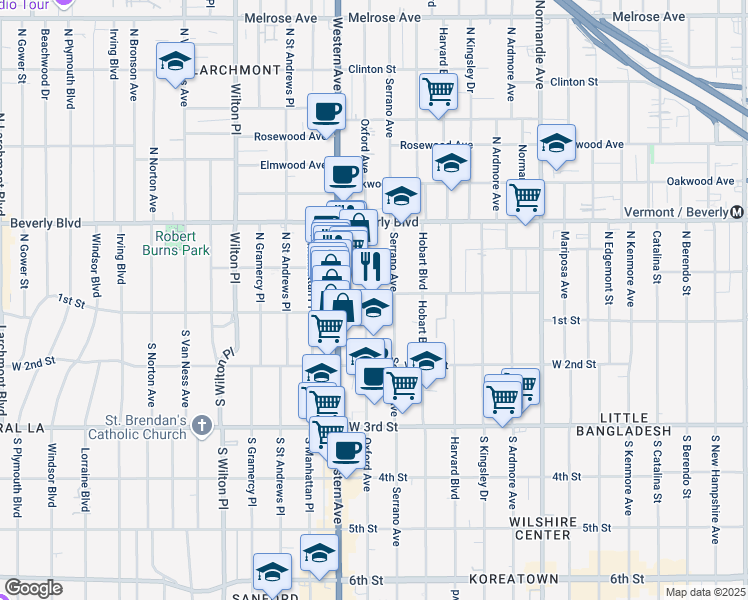 map of restaurants, bars, coffee shops, grocery stores, and more near 102 South Oxford Avenue in Los Angeles