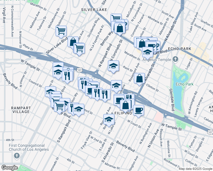 map of restaurants, bars, coffee shops, grocery stores, and more near 440 North Coronado Street in Los Angeles