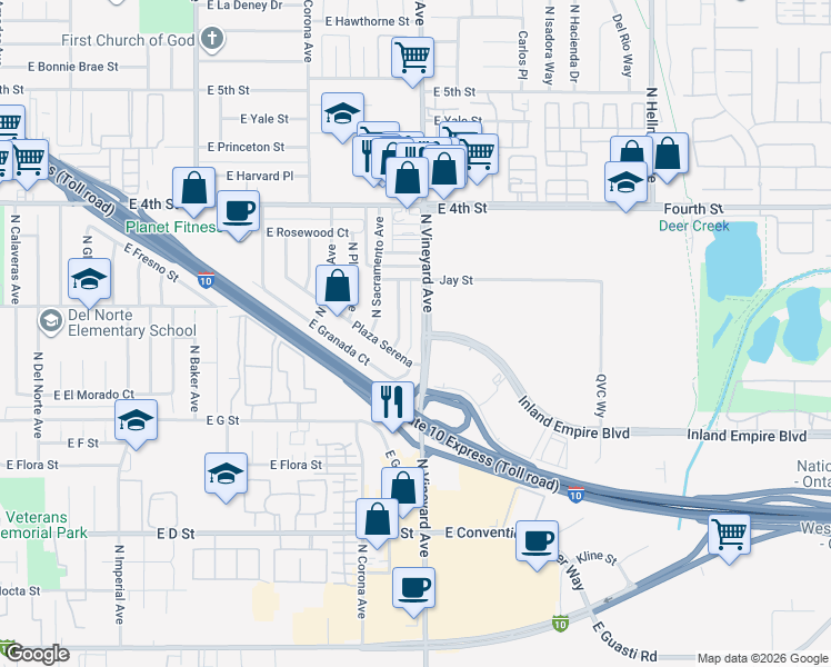 map of restaurants, bars, coffee shops, grocery stores, and more near 833 North Vineyard Avenue in Ontario