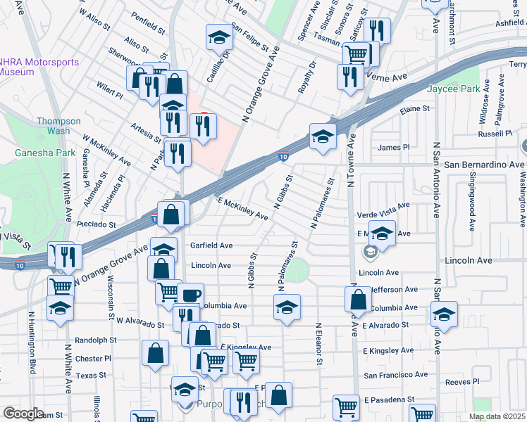 map of restaurants, bars, coffee shops, grocery stores, and more near 289 East McKinley Avenue in Pomona