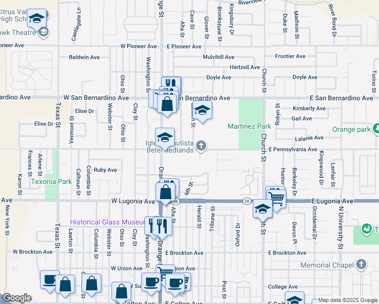 map of restaurants, bars, coffee shops, grocery stores, and more near 202 East Pennsylvania Avenue in Redlands