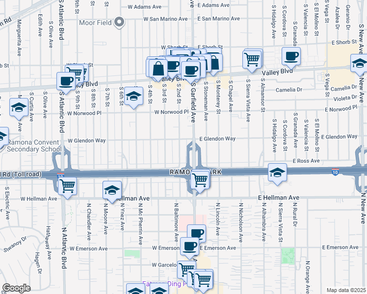 map of restaurants, bars, coffee shops, grocery stores, and more near 6 West Glendon Way in Alhambra