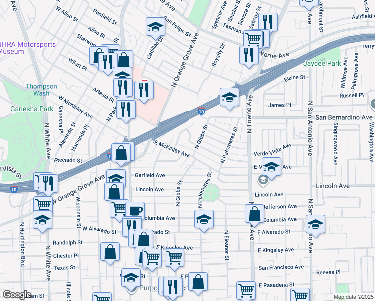 map of restaurants, bars, coffee shops, grocery stores, and more near 289 East McKinley Avenue in Pomona
