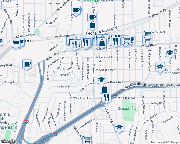 map of restaurants, bars, coffee shops, grocery stores, and more near 1704 La Golondrina Avenue in Alhambra