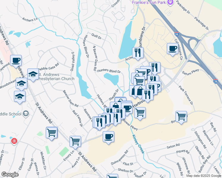 map of restaurants, bars, coffee shops, grocery stores, and more near 177 North Beaver Dam Road in Columbia