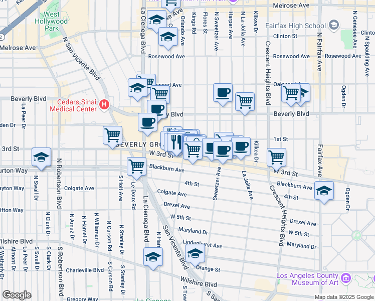 map of restaurants, bars, coffee shops, grocery stores, and more near 120 South Orlando Avenue in Los Angeles