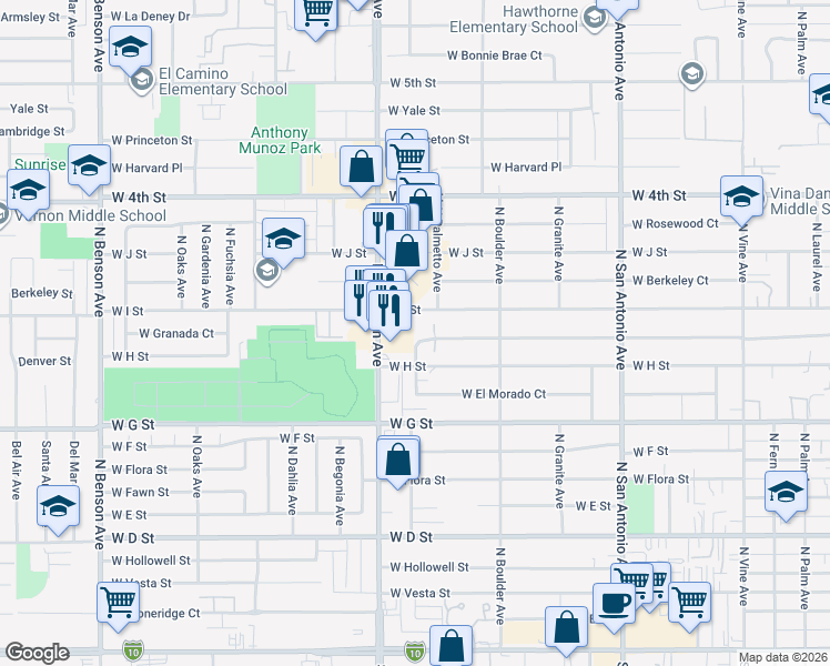 map of restaurants, bars, coffee shops, grocery stores, and more near 1026 West Granada Court in Ontario